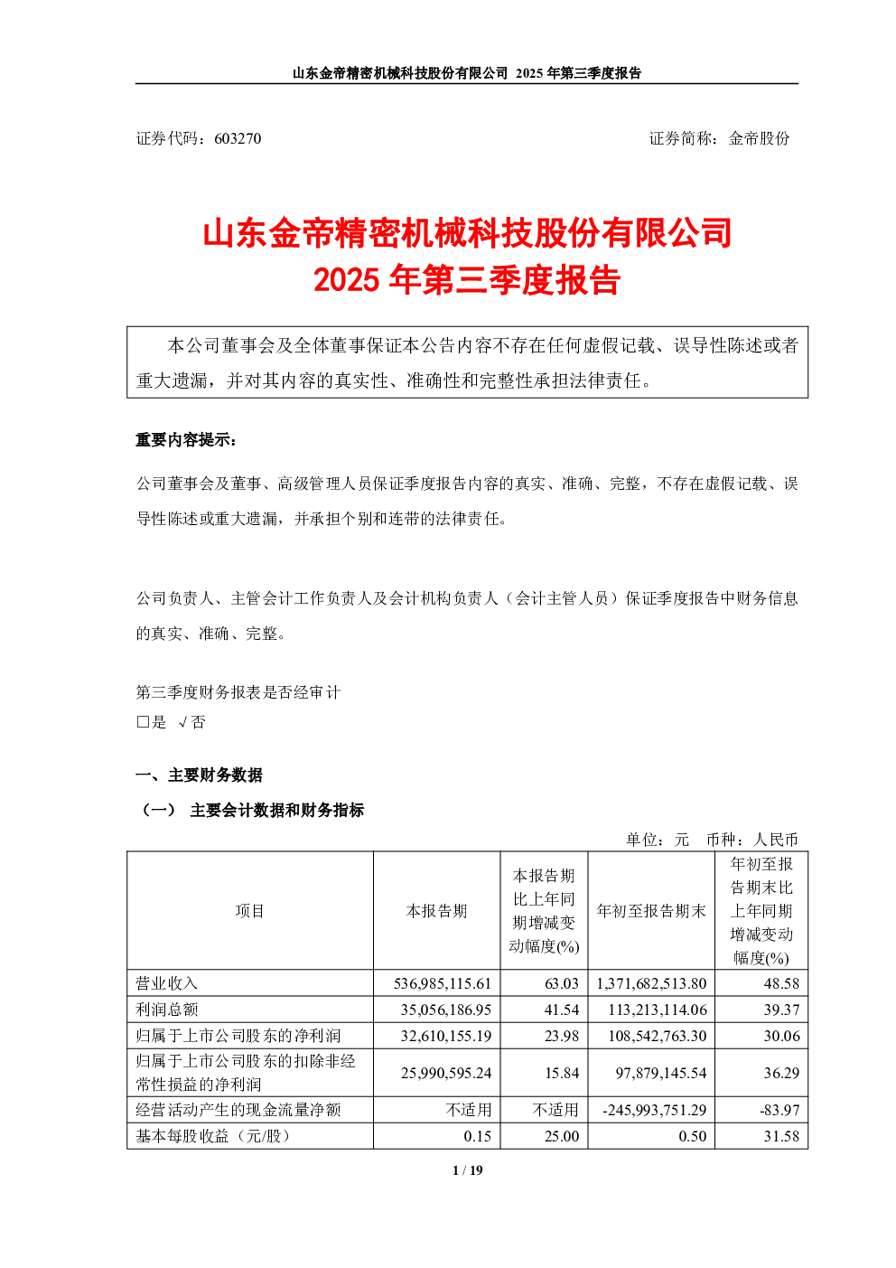 金帝股份：2025年第三季度报告