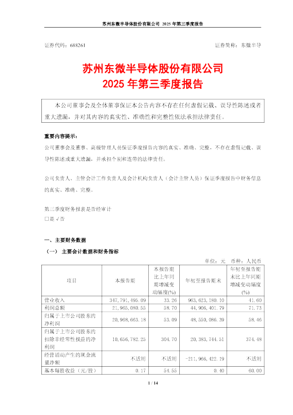 东微半导：苏州东微半导体股份有限公司2025年第三季度报告