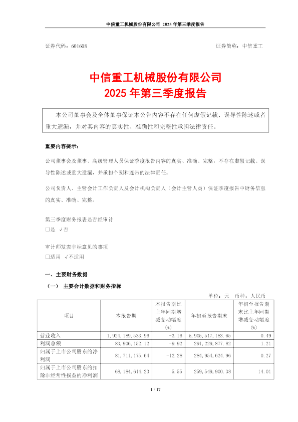 中信重工：中信重工2025年第三季度报告