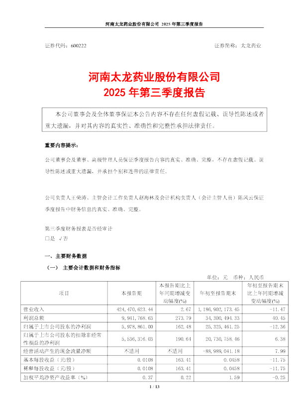 太龙药业：太龙药业2025年第三季度报告
