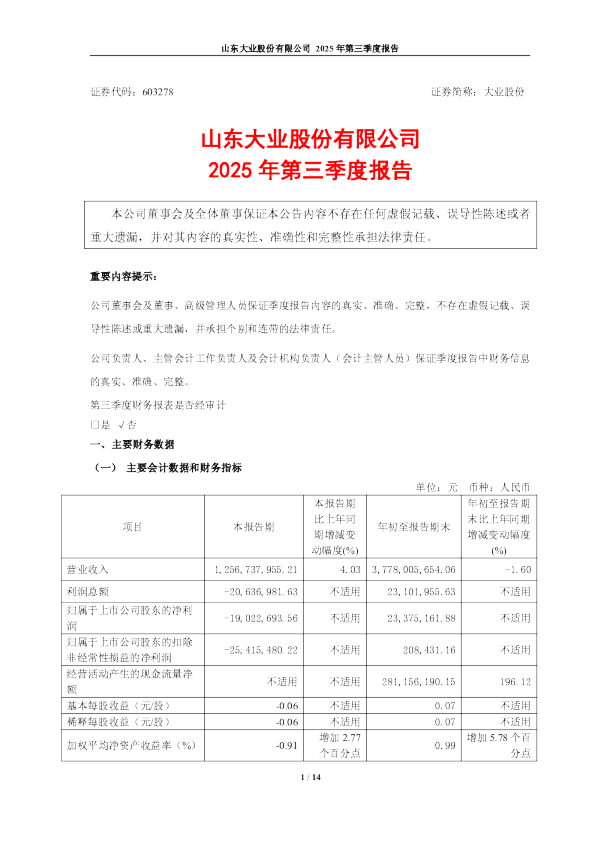 大业股份：大业股份2025年三季度报告