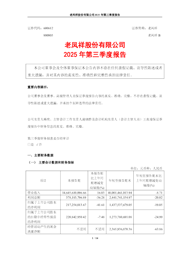 老凤祥:老凤祥股份有限公司2025年第三季度报告