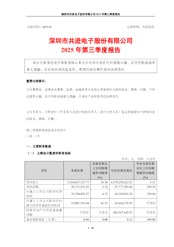 共进股份：2025年第三季度报告