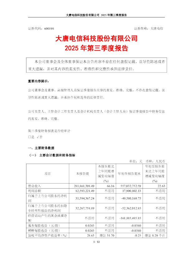 大唐电信:大唐电信科技股份有限公司2025年第三季度报告