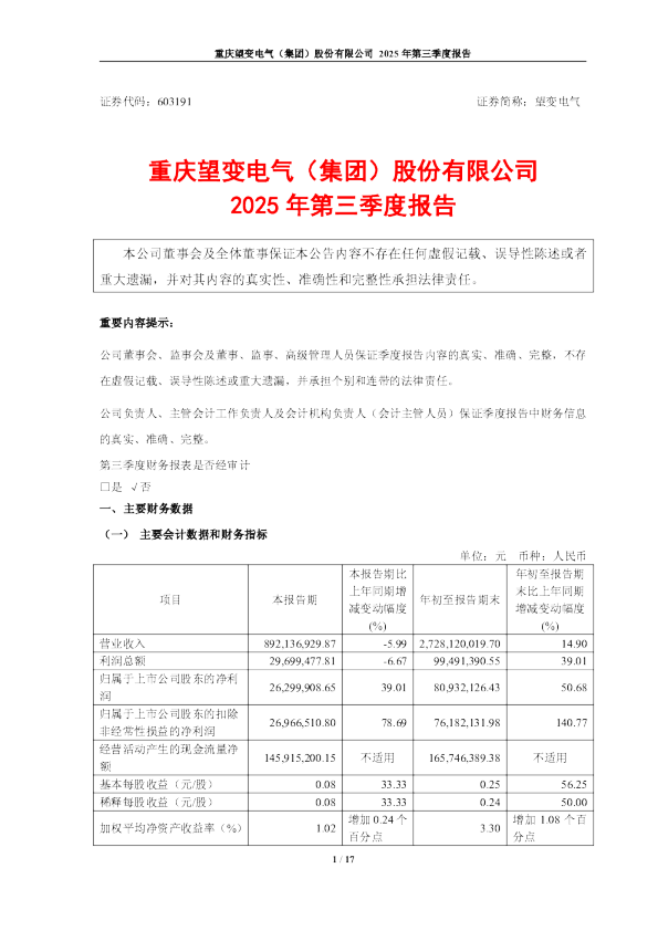 望变电气：2025年第三季度报告