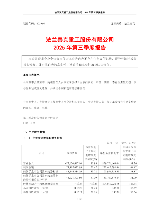 法兰泰克:2025年第三季度报告