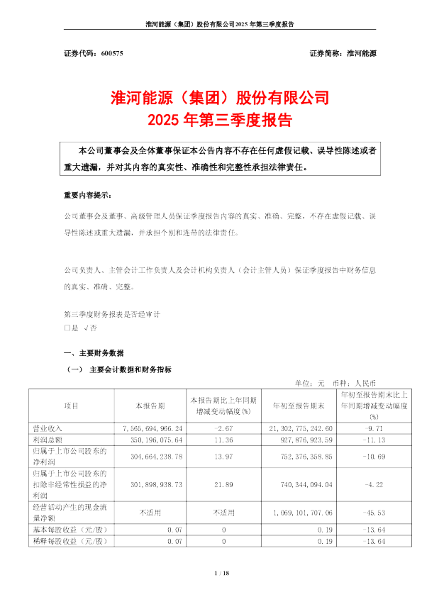 淮河能源:2025年第三季度报告