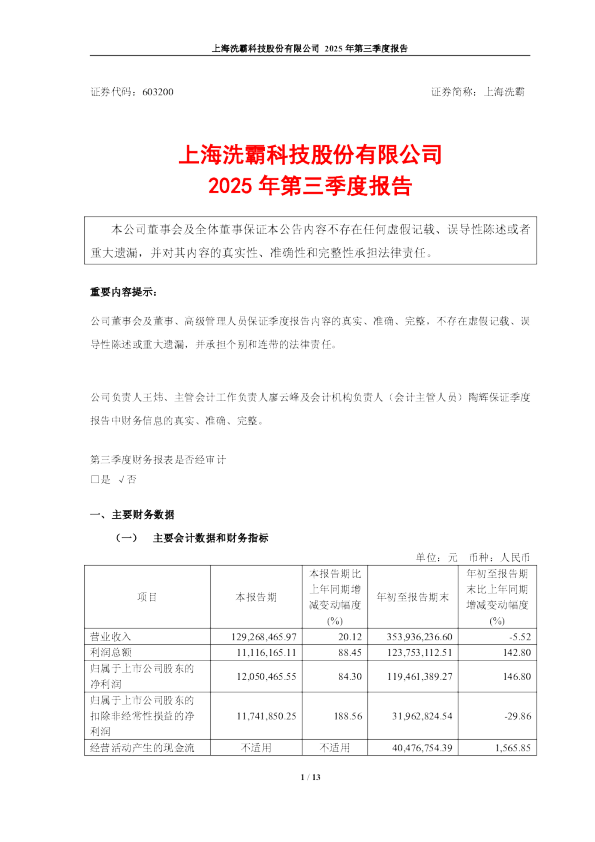 上海洗霸：上海洗霸科技股份有限公司2025年第三季度报告