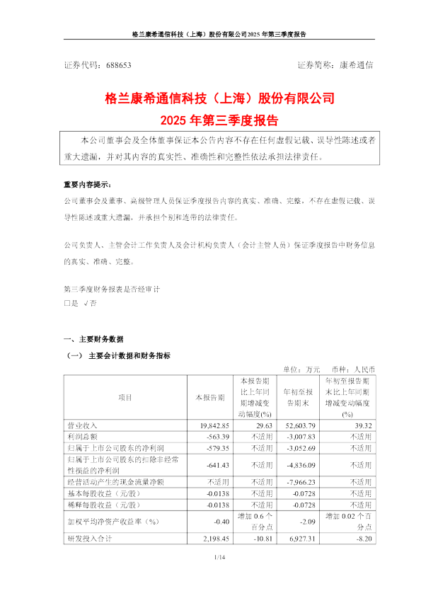 康希通信：康希通信2025年第三季度报告