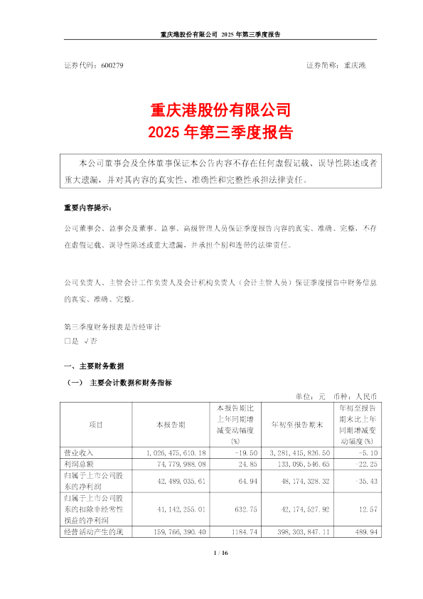 重庆港：重庆港2025年第三季度报告