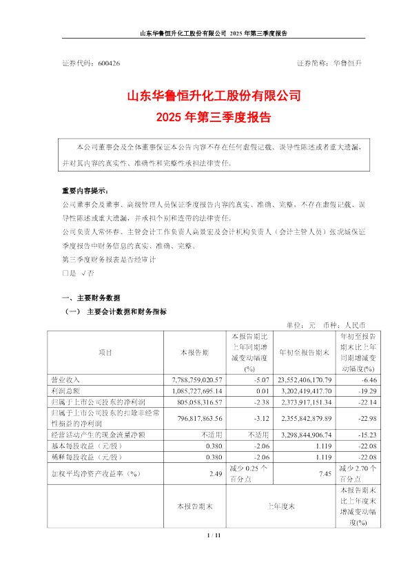 华鲁恒升:华鲁恒升2025年三季度报告