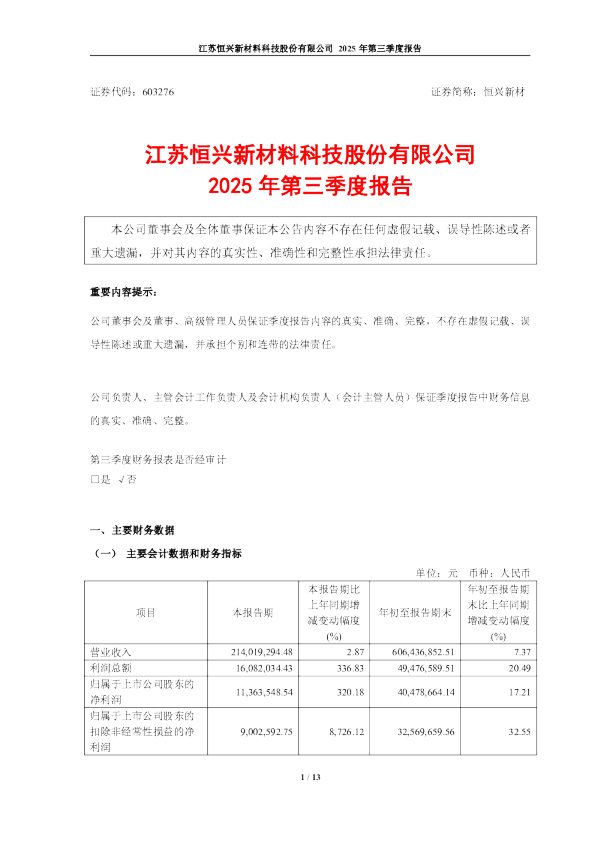 恒兴新材：2025年第三季度报告