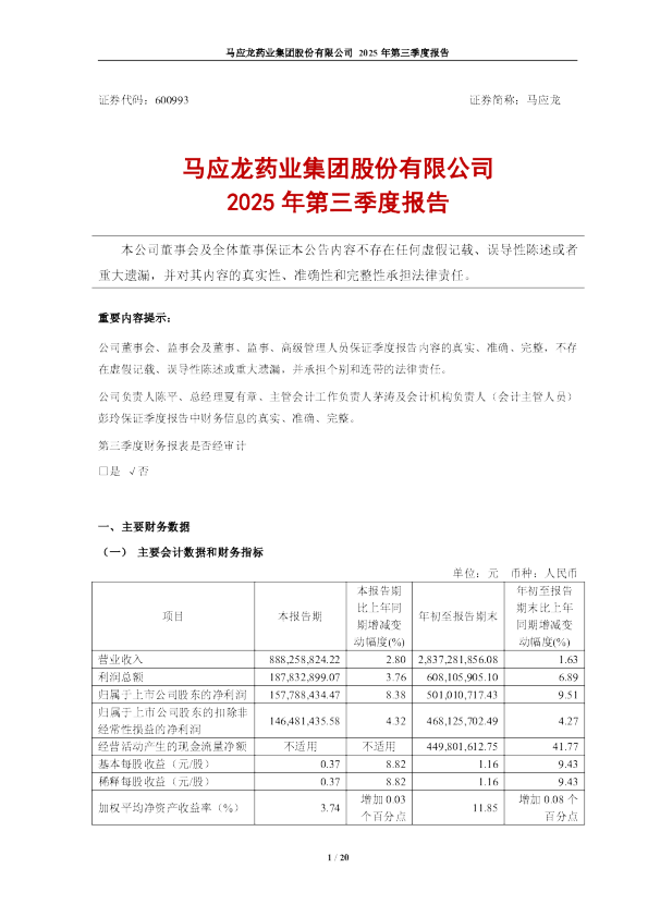 马应龙：2025年第三季度报告