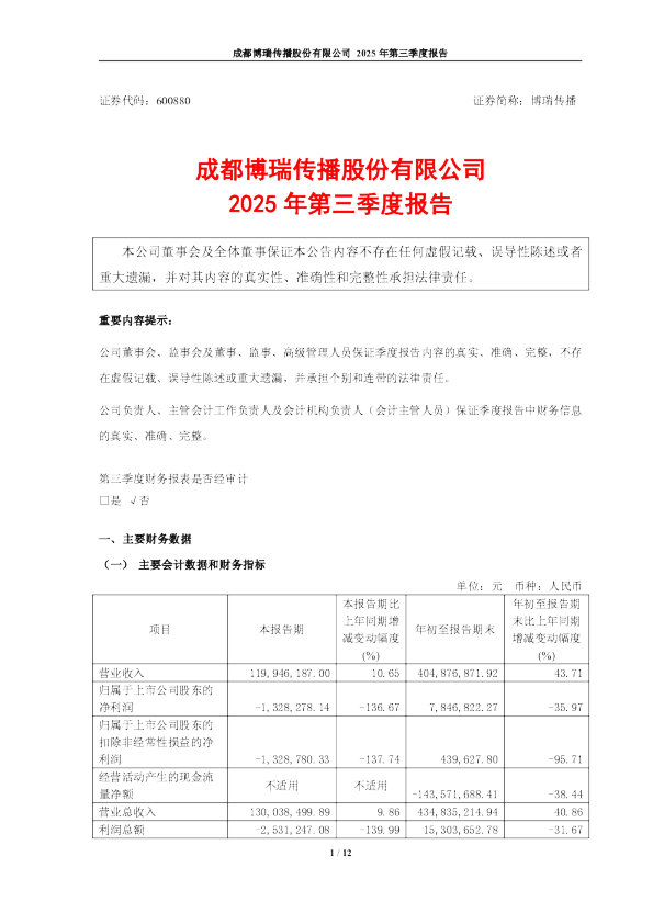 博瑞传播：博瑞传播2025年第三季度报告