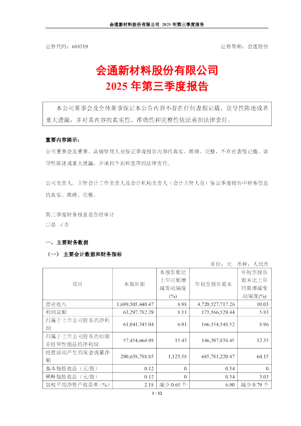 会通股份：会通新材料股份有限公司2025年第三季度报告