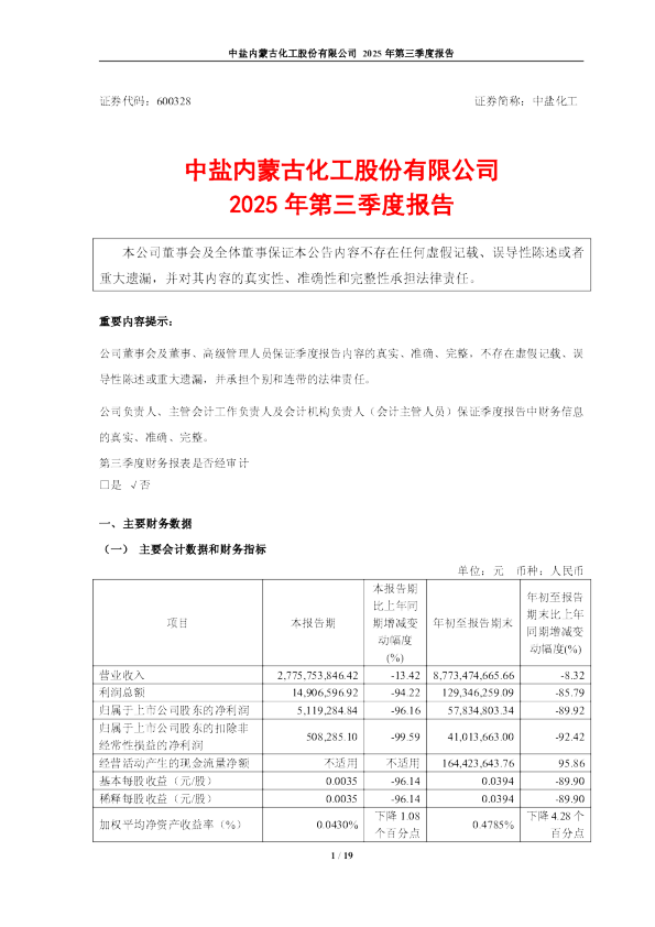 中盐化工:2025年第三季度报告