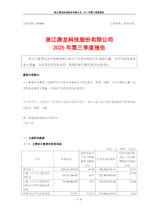 鼎龙科技：2025年第三季度报告