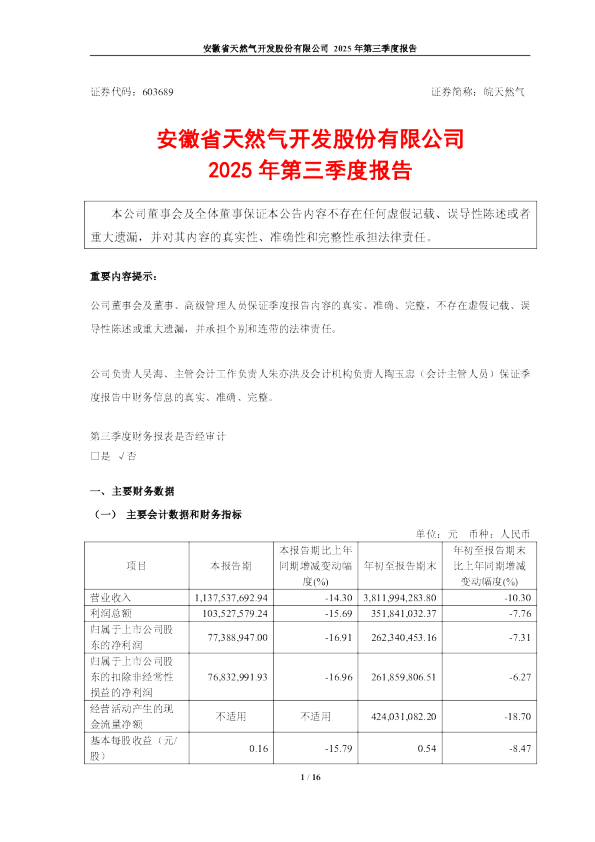 皖天然气：2025年第三季度报告