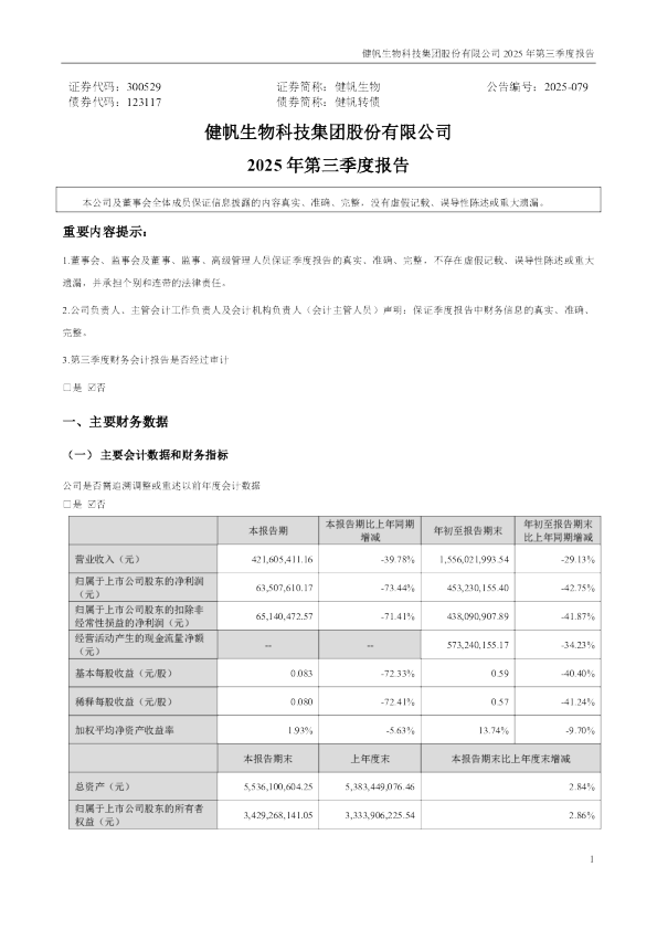 健帆生物：2025年三季度报告