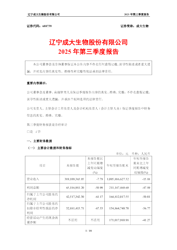 成大生物：2025年第三季度报告