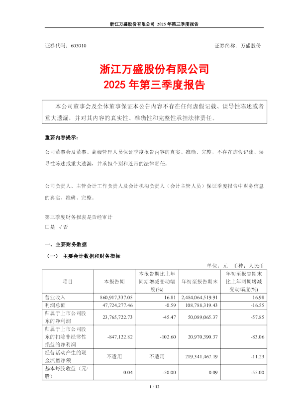 万盛股份：浙江万盛股份有限公司2025年第三季度报告
