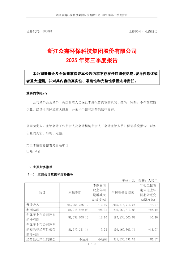 众鑫股份：2025年第三季度报告
