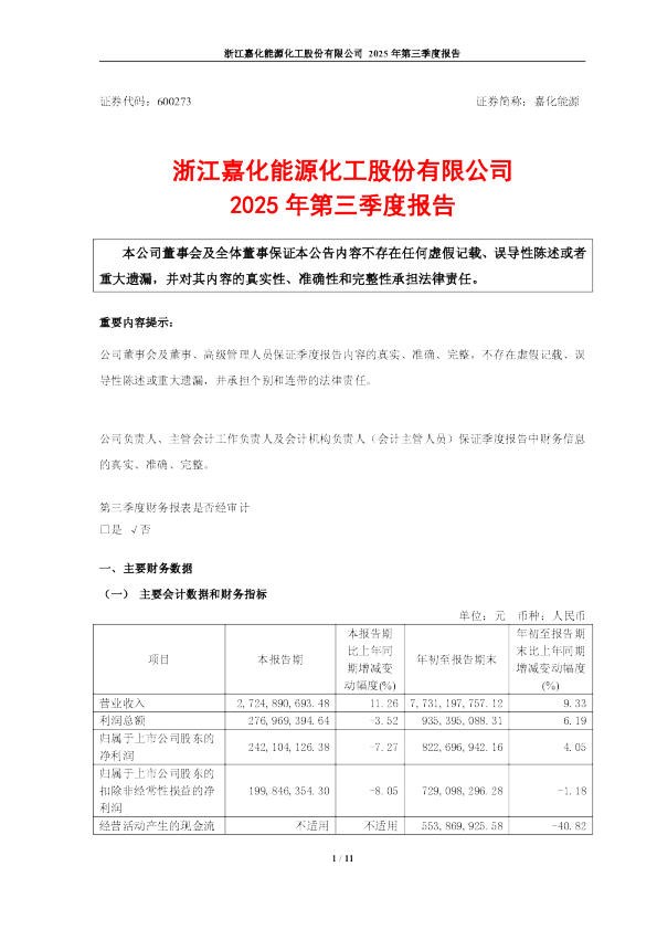 嘉化能源：2025年三季度报告