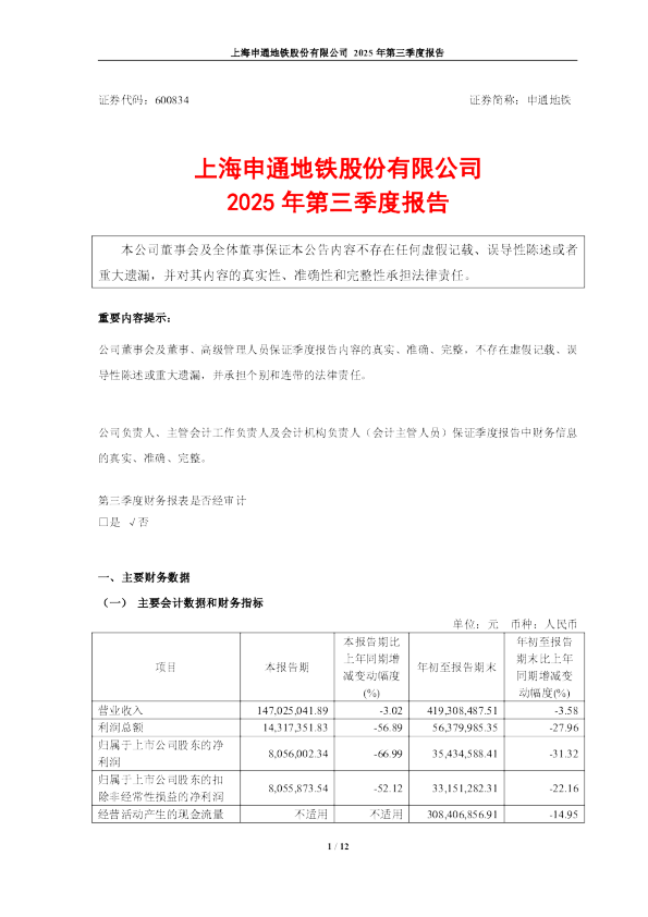 申通地铁：申通地铁2025年第三季度报告
