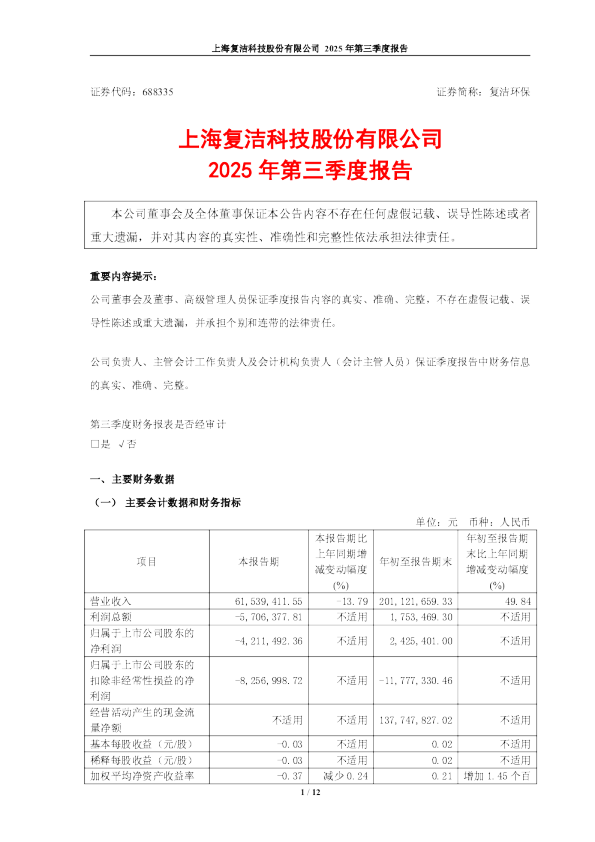 复洁环保：2025年第三季度报告