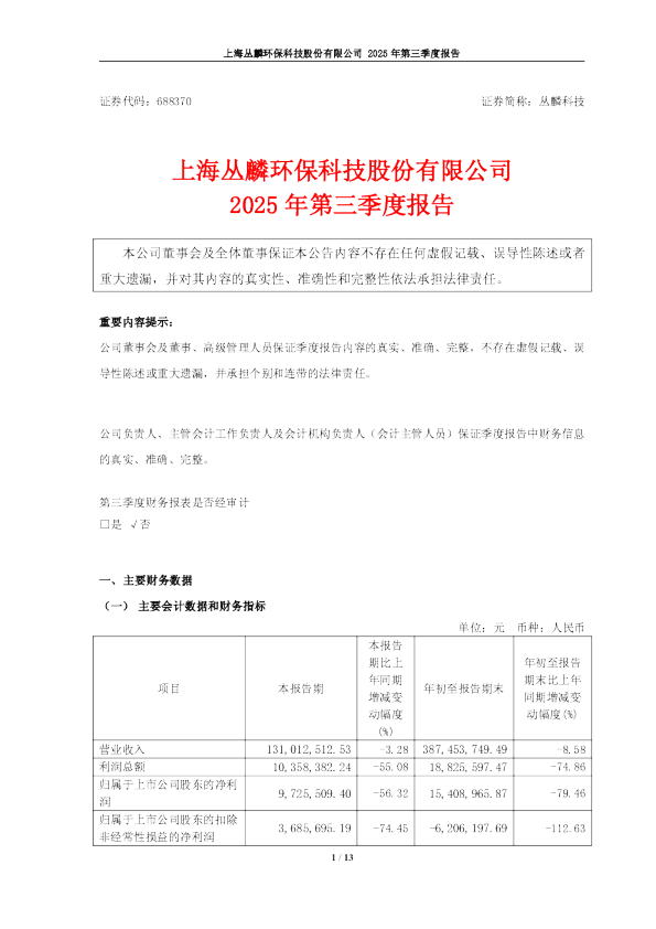 丛麟科技：丛麟科技2025年第三季度报告