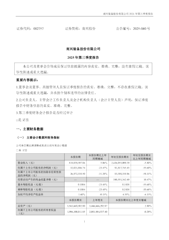 南兴股份：2025年三季度报告