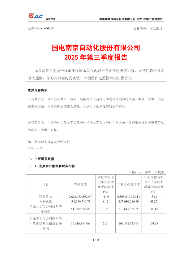 国电南自：国电南自2025年第三季度报告