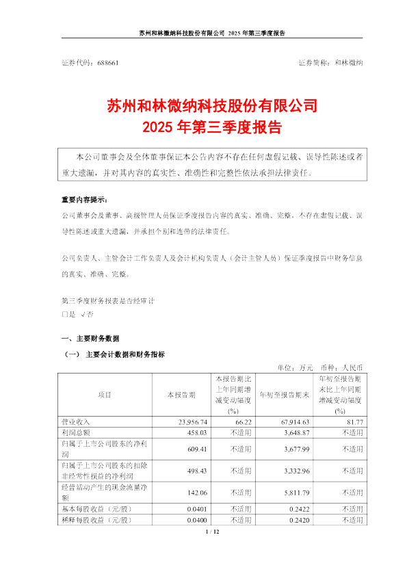和林微纳：2025年第三季度报告