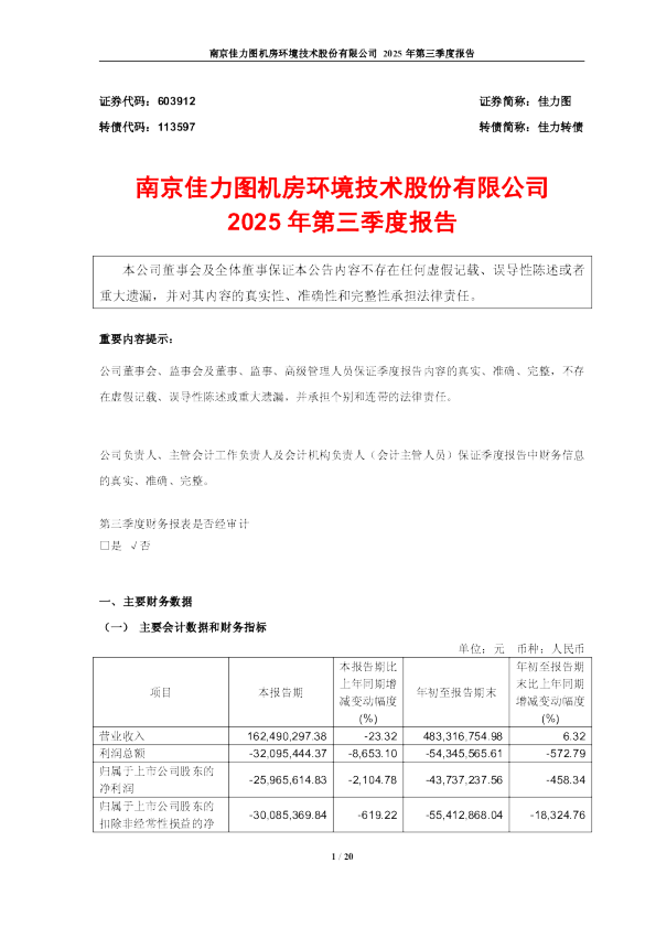 佳力图：2025年第三季度报告