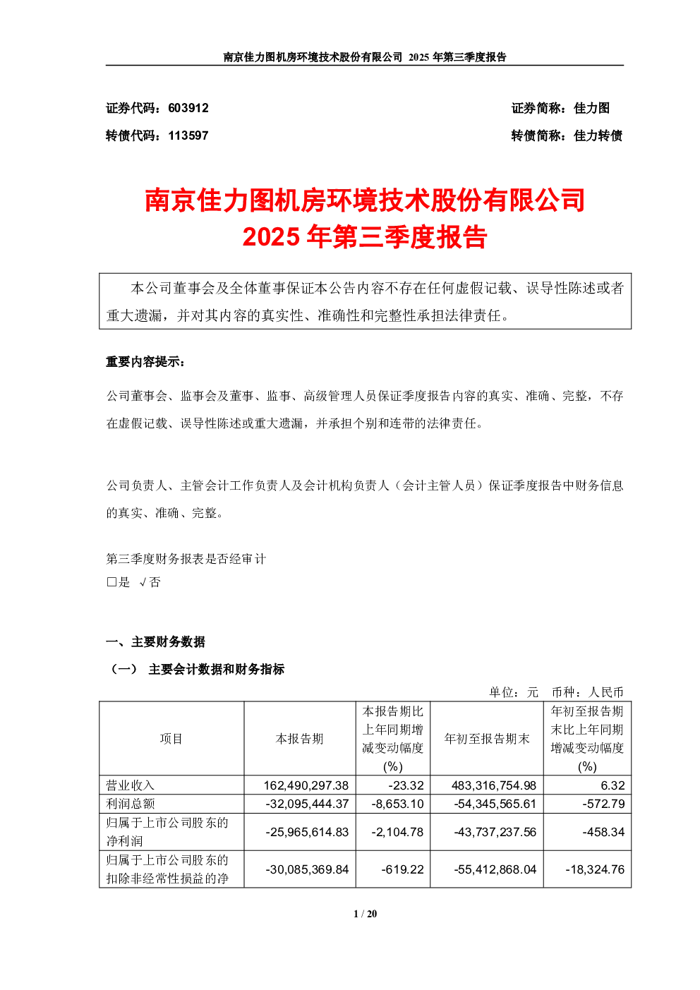 佳力图：2025年第三季度报告