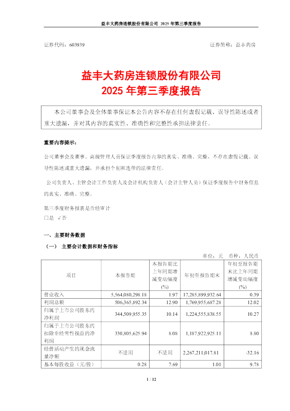 益丰药房:益丰药房2025年第三季度报告