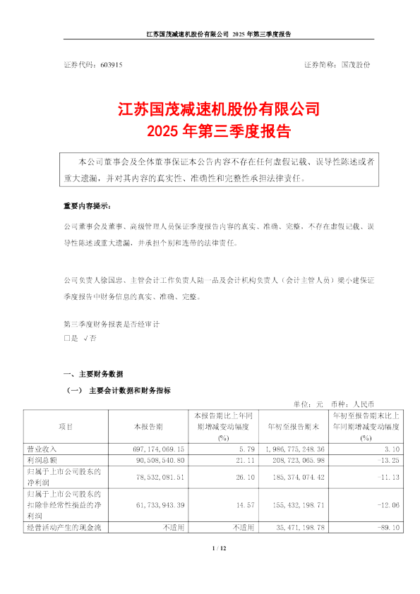 国茂股份：国茂股份2025年第三季度报告