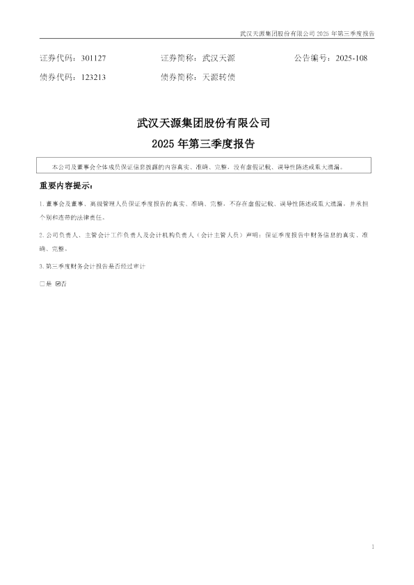 武汉天源：2025年三季度报告