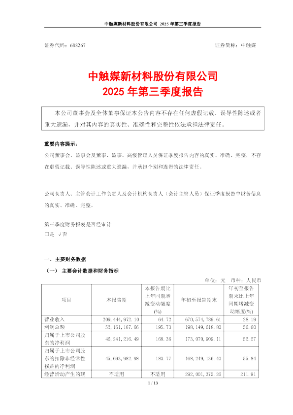 中触媒：中触媒新材料股份有限公司2025年第三季度报告