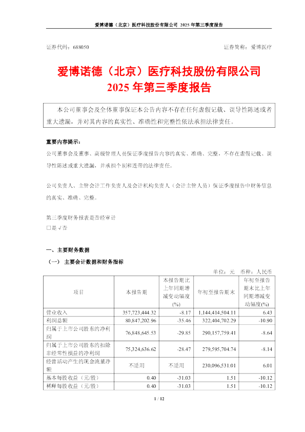 爱博医疗：688050爱博医疗2025年第三季度报告