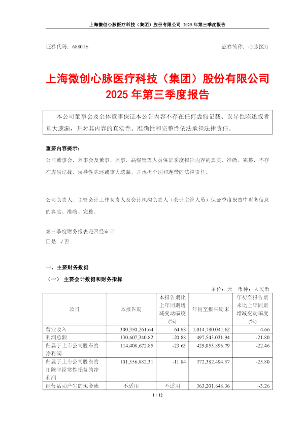 心脉医疗：心脉医疗：2025年第三季度报告