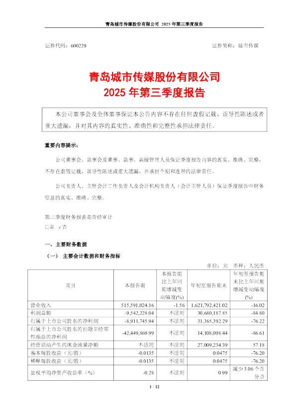 城市传媒：青岛城市传媒股份有限公司2025年第三季度报告