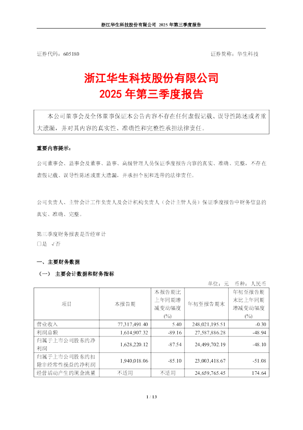 华生科技：2025年第三季度报告