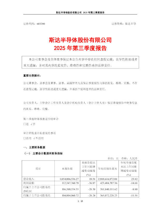 斯达半导：斯达半导2025年第三季度报告