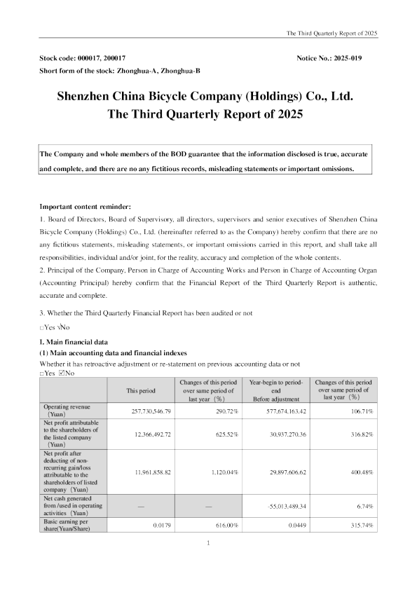深中华B：2025年三季度报告（英文版）