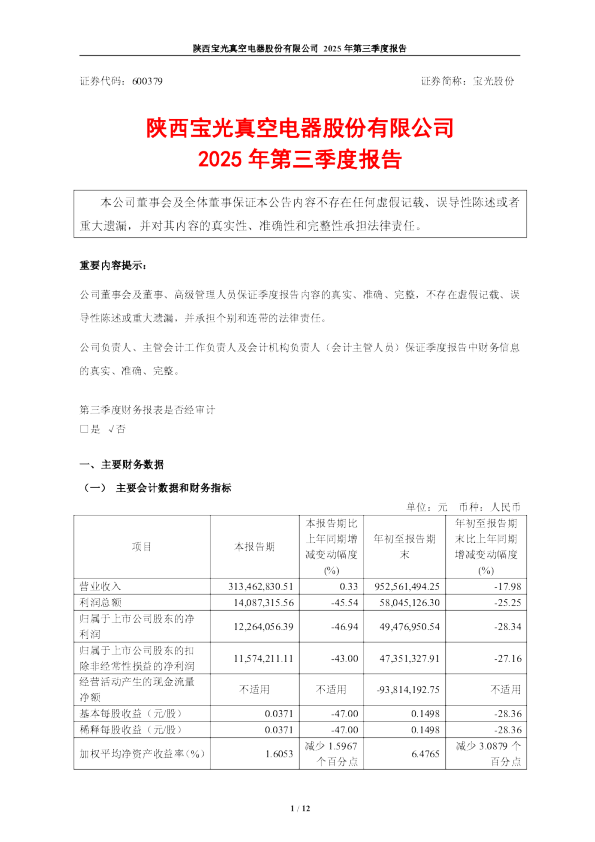 宝光股份：宝光股份2025年第三季度报告