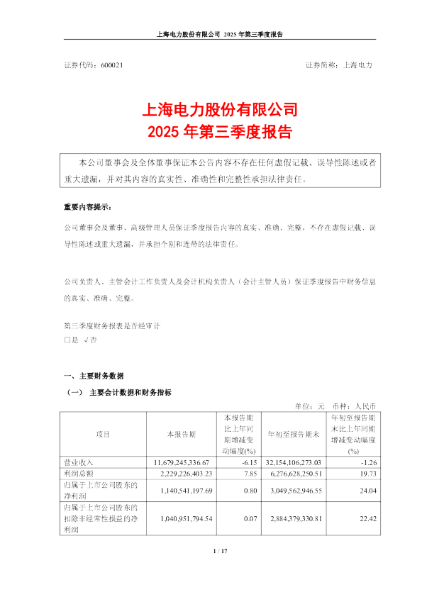 上海电力：上海电力股份有限公司2025年第三季度报告