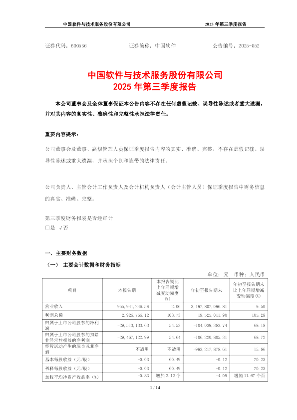 中国软件：中国软件2025年第三季度报告