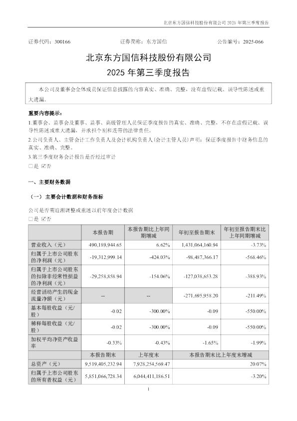 东方国信:2025年三季度报告