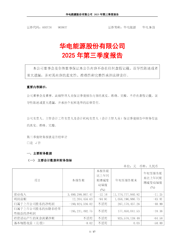 华电能源：华电能源股份有限公司2025年三季度报告